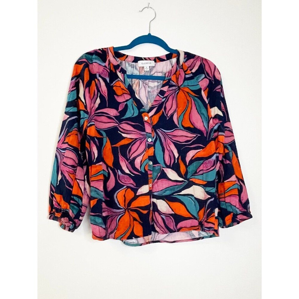 Evereve Abstract Floral Rayon Blouse Medium Pink Orange Boho Lightweight Top